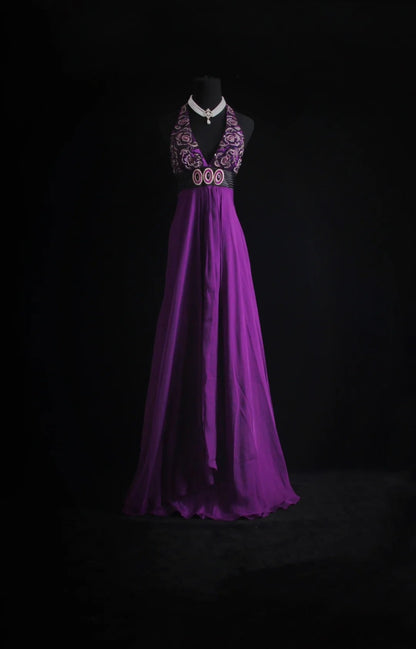 Retro A Line Halter Grape Chiffon Prom Dresses With Beadings Inspiration Party Gowns Princess Formal Dress N774