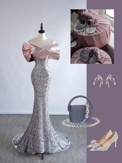 Sparkly Mermaid Off The Shoulder Silver Sequin Short Sleeves Long Prom Dresses Formal Gowns Evening Dress N685