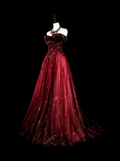 Vintage Prom Dresses Aesthetic 1950s Retro Classy Ball Gown Off The Shoulder Burgundy Long With Appliques N1995