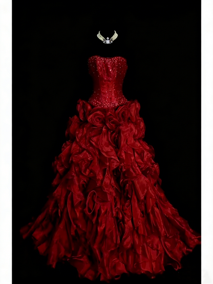 Modest Ball Gown Strapless Red Organza 80s Long Prom Dresses Inspiration Party Gowns Vintage Sweet 16 Dress N1307