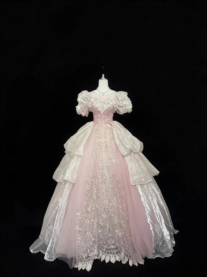 Sweet 16 Dresses Long Ball Gown Scoop Neck Pink With Sequin Lace Sweet Sixteen Birthday Gown RC0298
