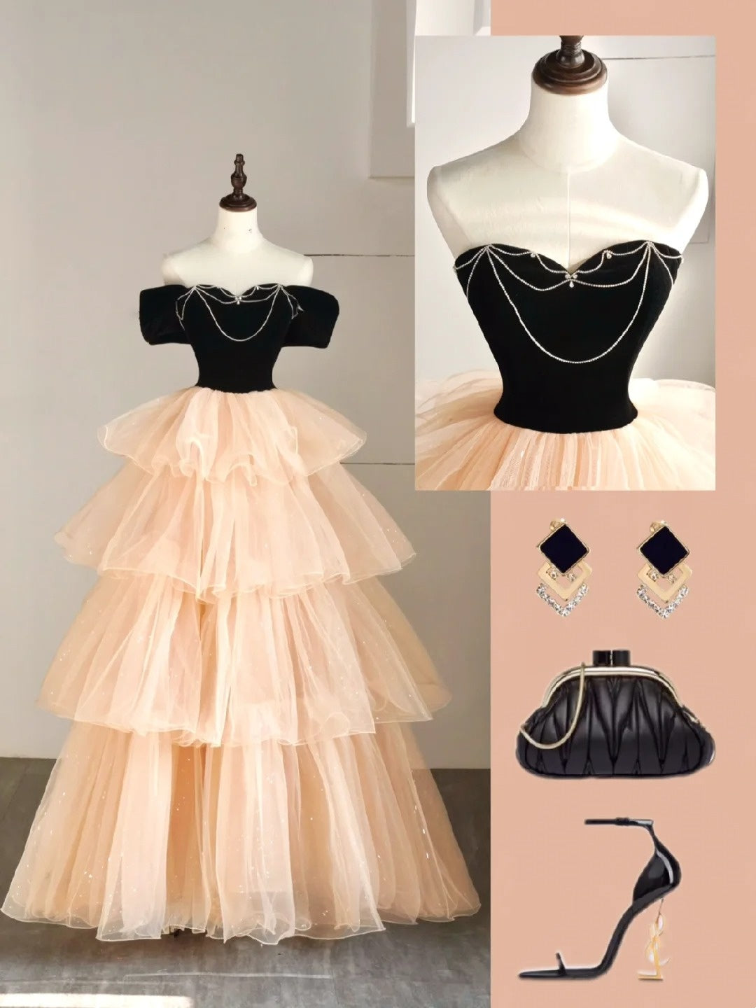 Princess Ball Gown Off The Shoulder Tulle Champagne College Formal Outfit Prom Graduation Dresses For Teens N1348