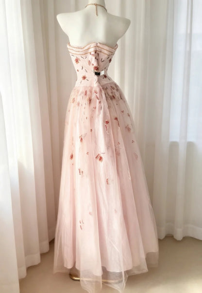 Vintage Prom Dresses A line Strapless Pink 80s With Beading Long Formal Evening Outfits N4206