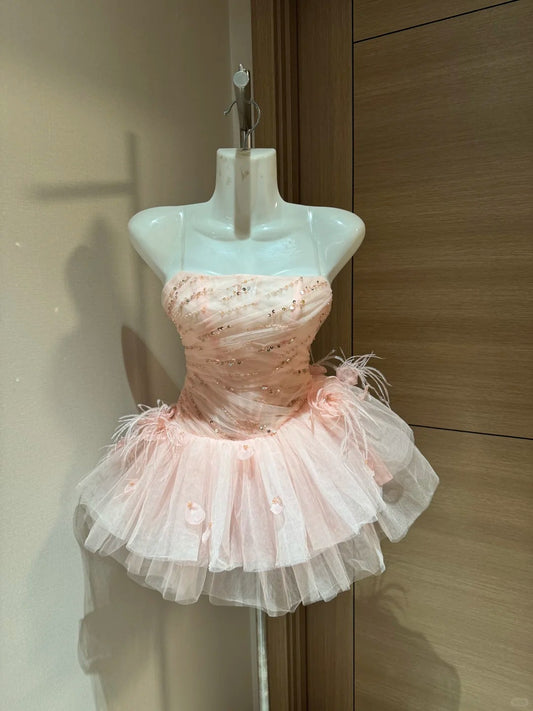Cute Ball Gown Strapless Blush Pink Tulle Night In Rio Inspo Hoco Dress Ideas Homecoming Dresses RB4034