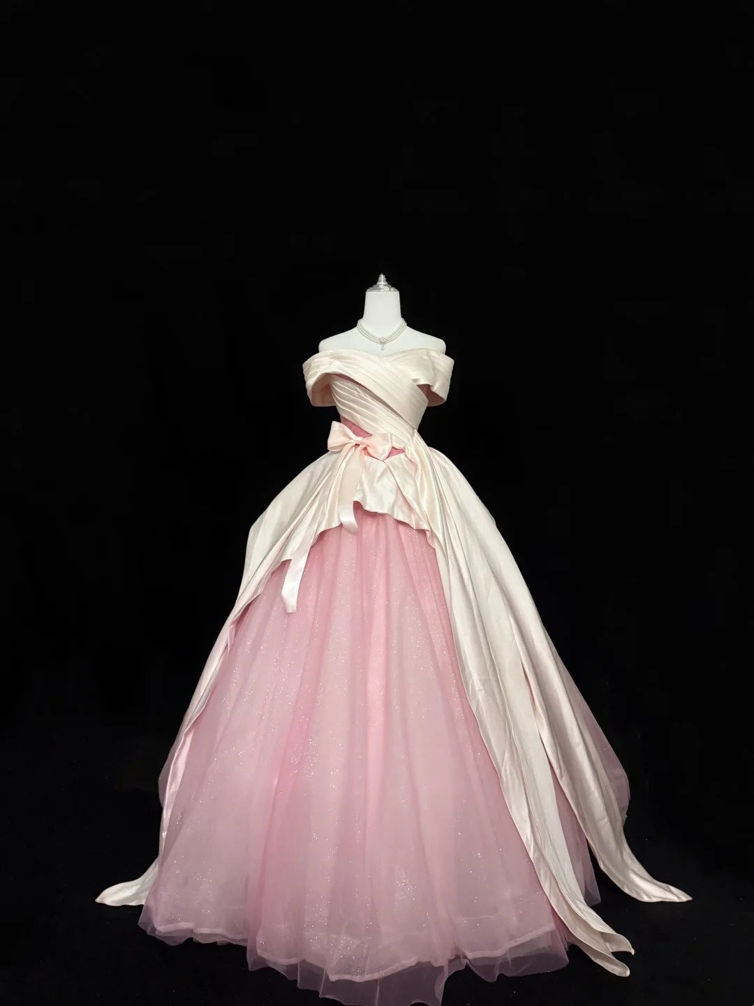 Tulle Prom Dress Long Floor Length Ball Gown Off Shoulder Pink With Sleeves Formal Evening Gown For Women RC0259