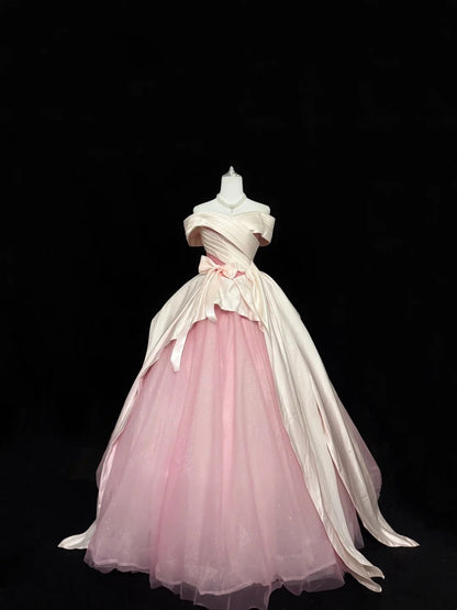 Tulle Prom Dress Long Floor Length Ball Gown Off Shoulder Pink With Sleeves Formal Evening Gown For Women RC0259