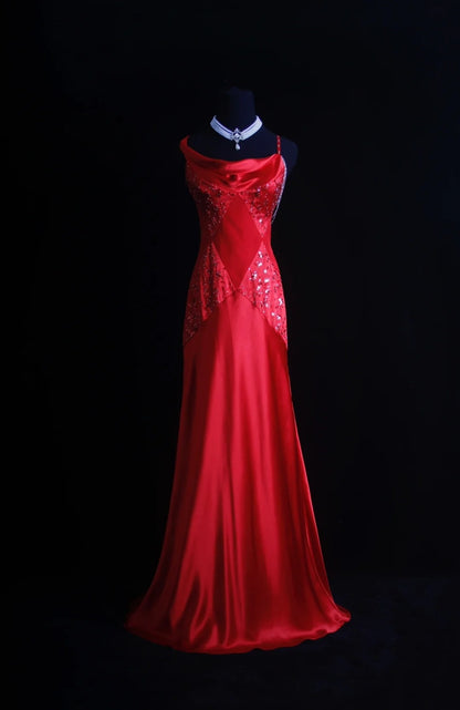 Retro Mermaid Spaghetti Strap Red Satin 90s Beaded Bodice Long Prom Dresses Inspo 18th Birthday Outfits Formal Dress N491