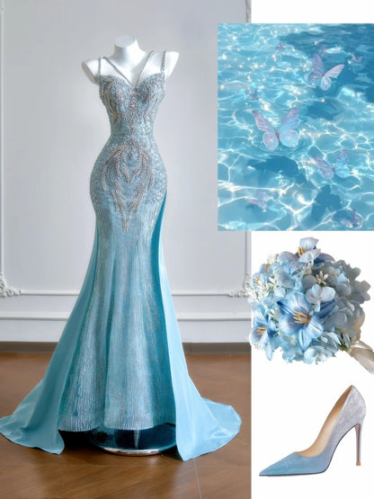 Luxurious Mermaid Spaghetti Strap Blue With Silver Beaded Prom Dresses Long Evening Formal Birthday Party Gowns N380