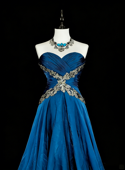 Vintage A Line Sweethart Blue Chiffon Long Prom Gown Party Wear Fashion Dresses N1824