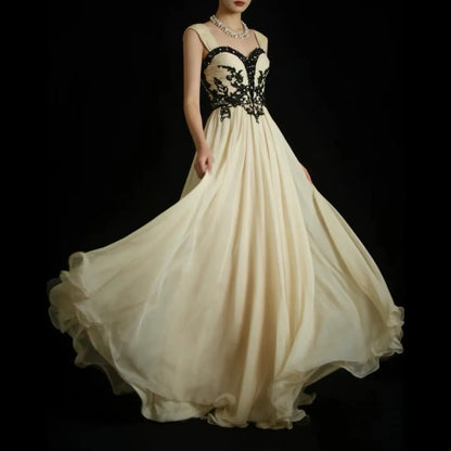 Vintage Prom Dresses 1960s A line Sweetheart Champagne Chiffon With Black Lace Floor Length Sleeveless Evening Formal Outfits RB4933