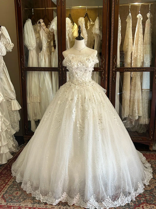 Vintage 80s Wedding Dresses Ball Gown Strapless Sequin Long Brides Dress Fitted Bridal Gown N2269