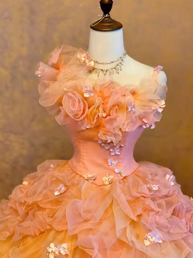 Straps Pink Yellow Ombre Tiered Tulle Sweet 16 Ball Gown Sweet Sixteen Dress RC0028