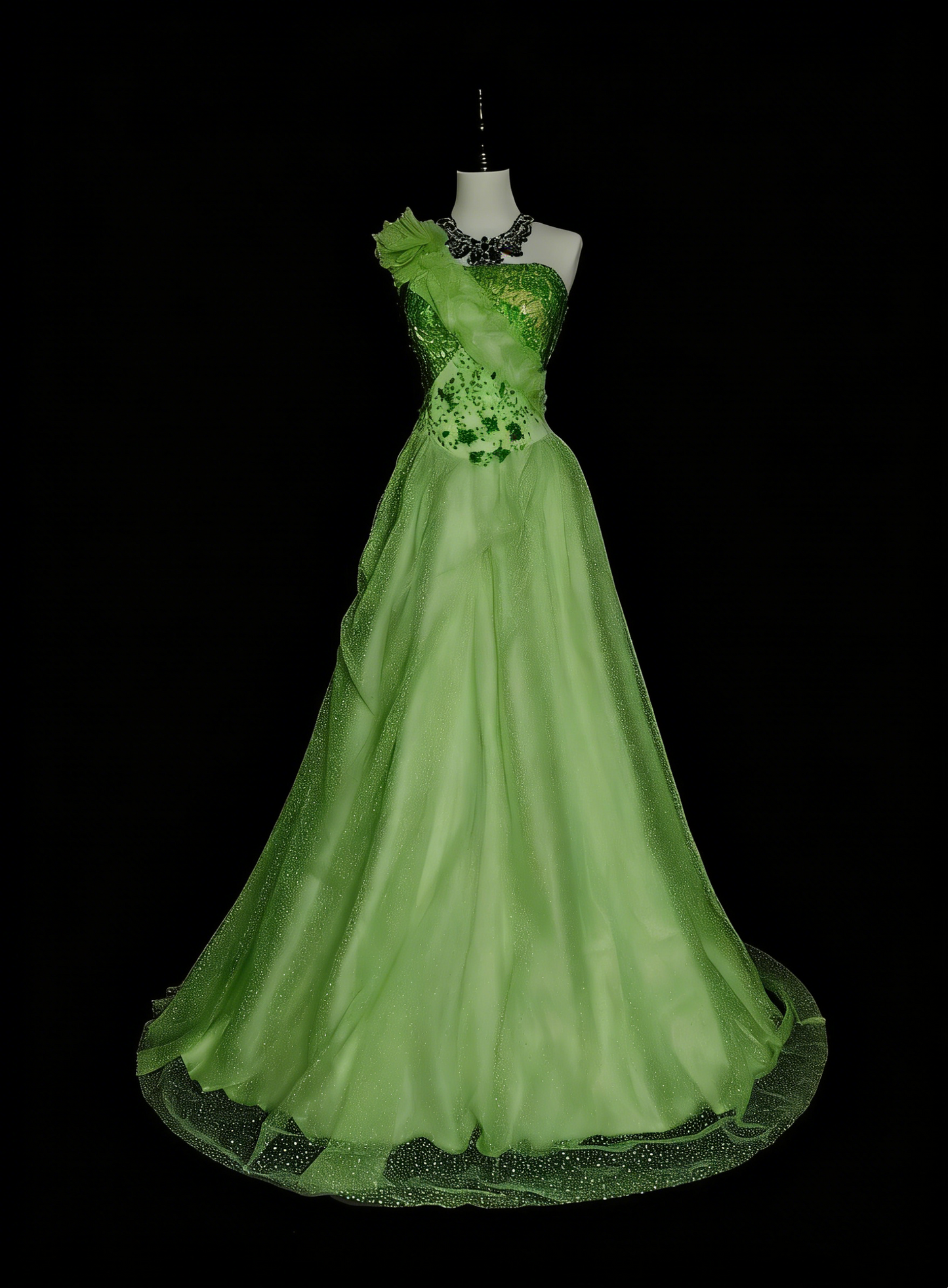 Modest Ball Gown One Shoulder Green Tulle Long Summer For High Schools Prom Dresses Spring Formal Dress N1418