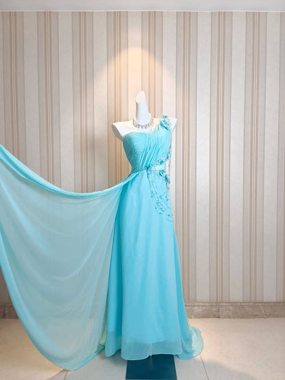 Vintage Prom Dresses A line One Shoulder Blue Chiffon 80s With Flowers Long Formal Evening Outfits N4217