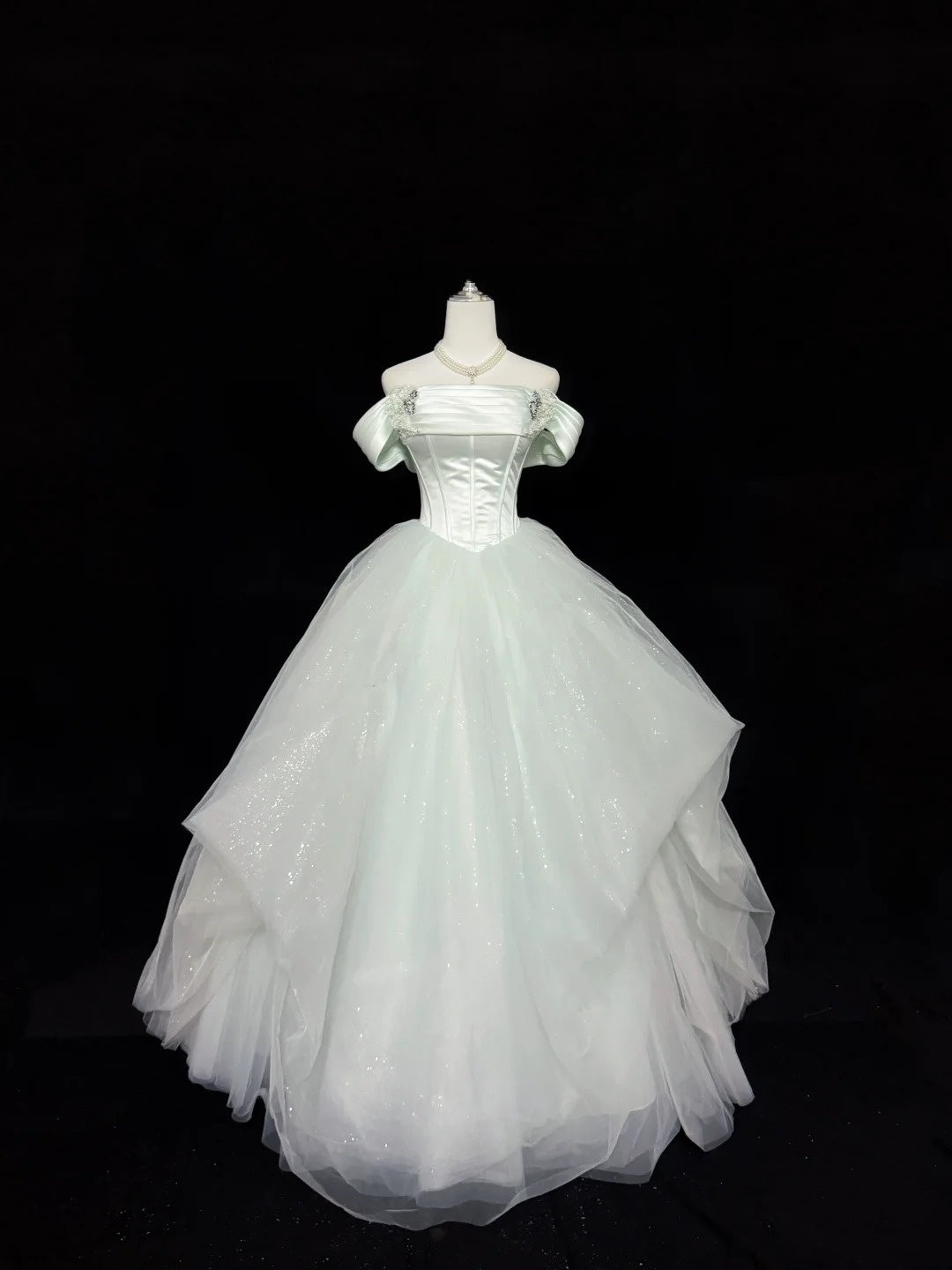 Prom Dress Long Floor Length Ball Gown Off Shoulder Tulle Sage Green With Sleeves Formal Evening Gown For Women RC0305