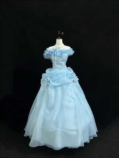 Blue Sweet 16 Dresses Long Ball Gown Off Shoulder With Ruffled Lace Sweet Sixteen Birthday Gown RC0229