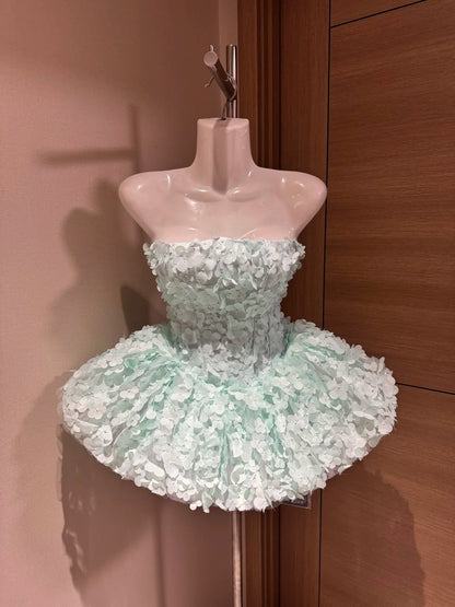 Cute Ball Gown Strapless Mint Green 3D Flowers Short Night In Rio Inspo Hoco Dress Ideas Homecoming Dresses RB4039