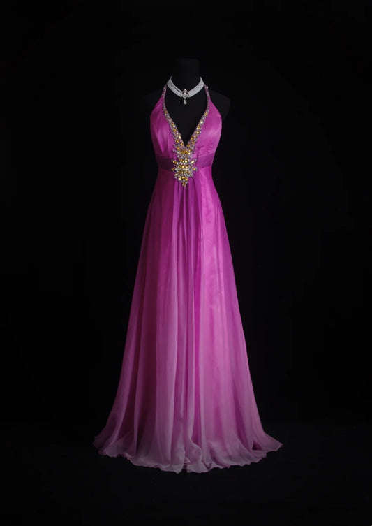 Vintage Prom Dresses A line Halter Ombre Gradient Colors 80s Chiffon Evening Formal Dress RB3265