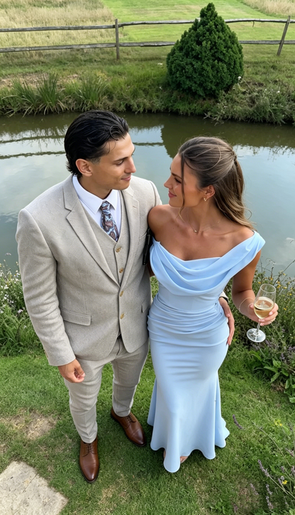 Sexy Mermaid One Shoulder Light Sky Blue Chiffon With Pleated Evening Spring Summer Beach Formal Wedding Guest Dresses N2558