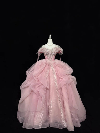 Pink Sweet 16 Dresses Long Ball Gown Off Shoulder With Ruffled Sequined Lace Sweet Sixteen Birthday Gown RC0235