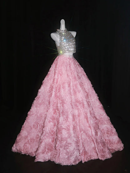 Princess Ball Gown 2 Pieces High Neck Silver Sequin Pink Floral Long Formal Evening Dress Formal 18th Birthday Gowns Prom Dresses N739