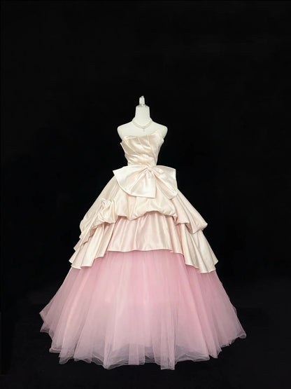 Cute Sweet 16 Dresses Long Ball Gown Strapless Blush Pink Satin Tulle Formal Sweet Sixteen Birthday Gown RC0262