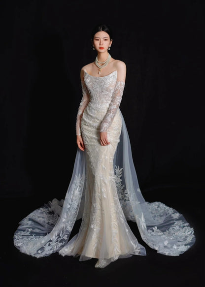 Romantic Long Wedding Dresses White Mermaid Strapless Lace Long Wedding Dress For Brides Fitted With Train Bridal Gowns AB2474