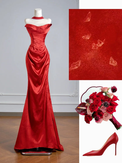 Flattering Mermaid Strapless Red Satin With Scarf Prom Dresses Long Evening Formal Birthday Party Gowns N383