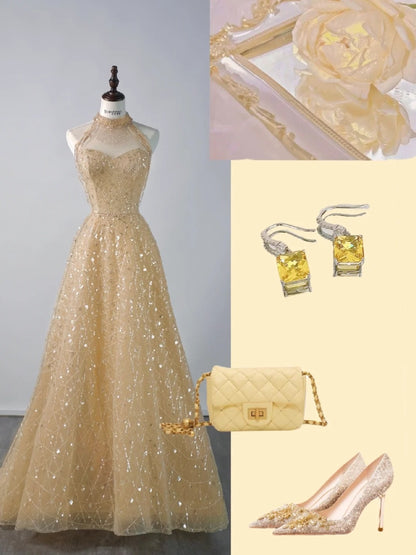 Sparkly Ball Gown High Neck Yellow Sequins Senior Prom Dresses High School Long Formal Dress N1290
