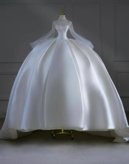 Timeless Wedding Dresses Ball Gown High Neck Satin Beaded Brides Dress Court Train Fitted Long Bridal Gowns AB2521