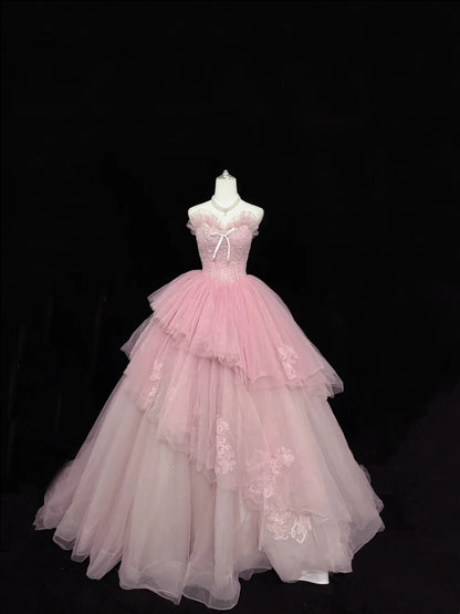 Sweet 15 Quinceanera Dress Ball Gown Sweetheart Pink With Lace Appliqued Tiered 15th Birthday Gown RC0237