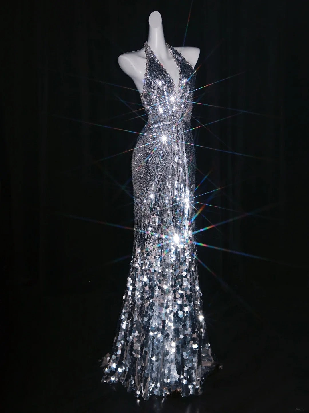 Glittery Mermaid Halter Grey Sequins Long Prom Dresses Evening Outfits Formal Dress N1075