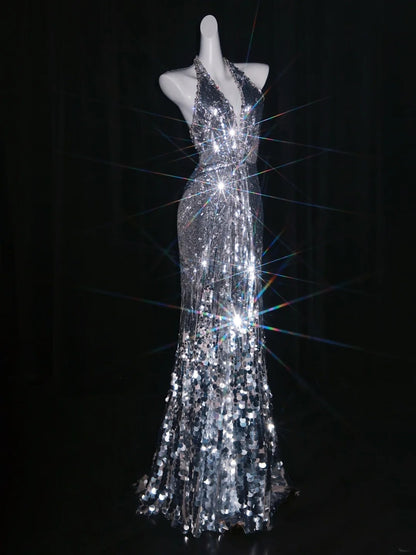 Glittery Mermaid Halter Grey Sequins Long Prom Dresses Evening Outfits Formal Dress N1075