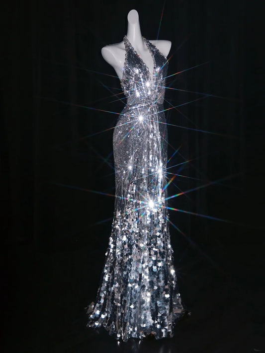 Glittery Mermaid Halter Grey Sequins Long Prom Dresses Evening Outfits Formal Dress N1075