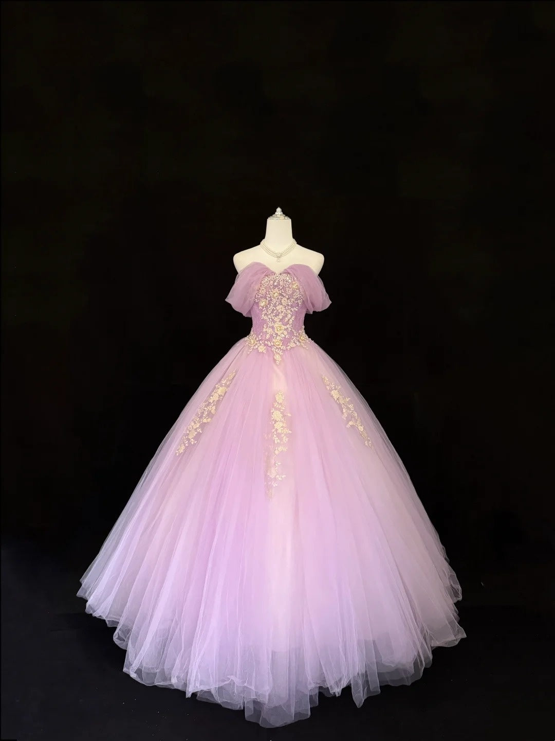 Tulle Prom Dress Long Floor Length Ball Gown Off Shoulder Lilac With Sleeves Lace Formal Evening Gown For Women RC0266