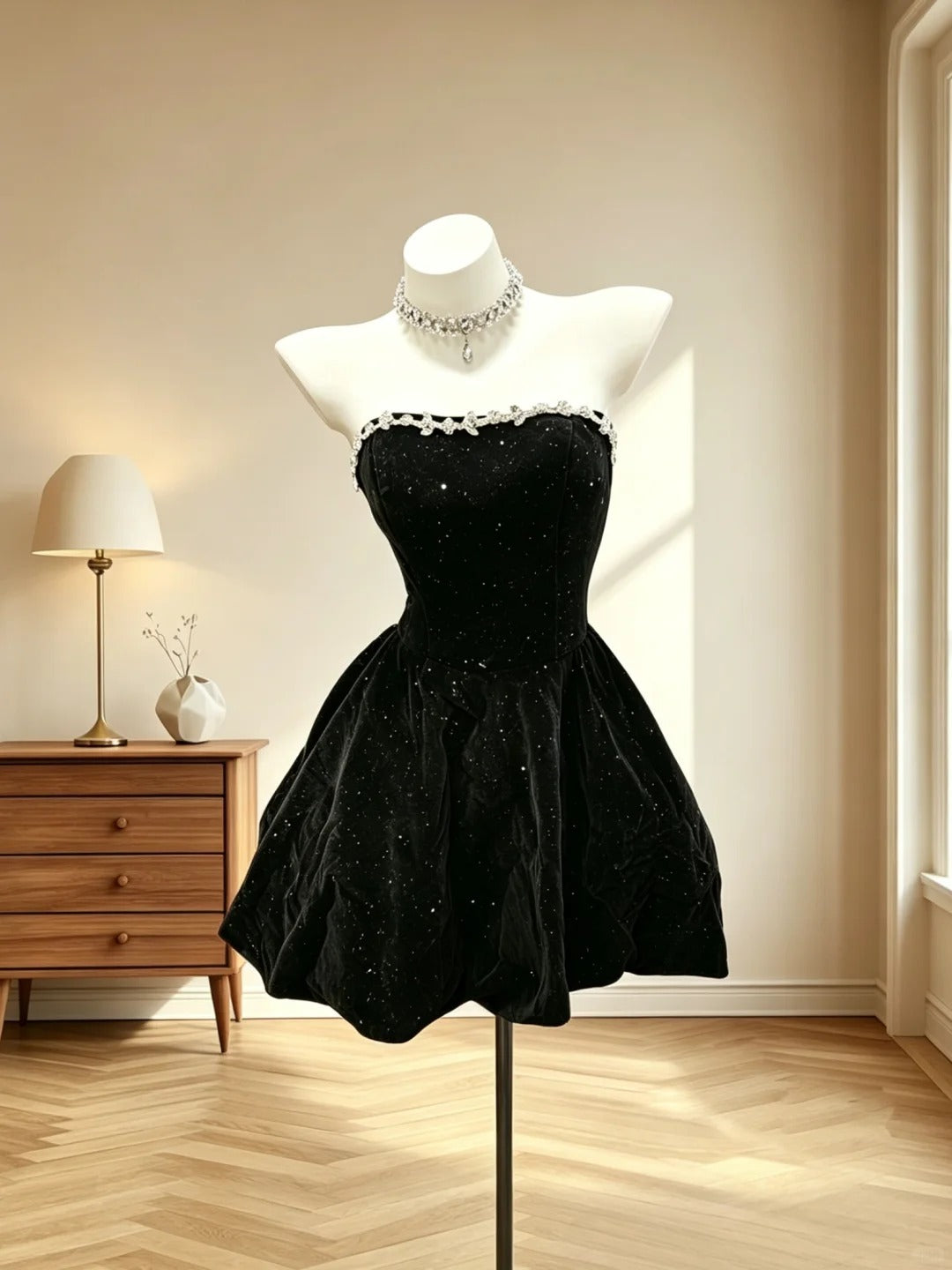 Cute Ball Gown Strapless Little Black Velvet Mini Senior Inspo Short Party Formal Homecoming Dresses RB3065