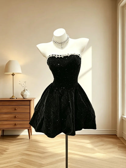 Cute Ball Gown Strapless Little Black Velvet Mini Senior Inspo Short Party Formal Homecoming Dresses RB3065