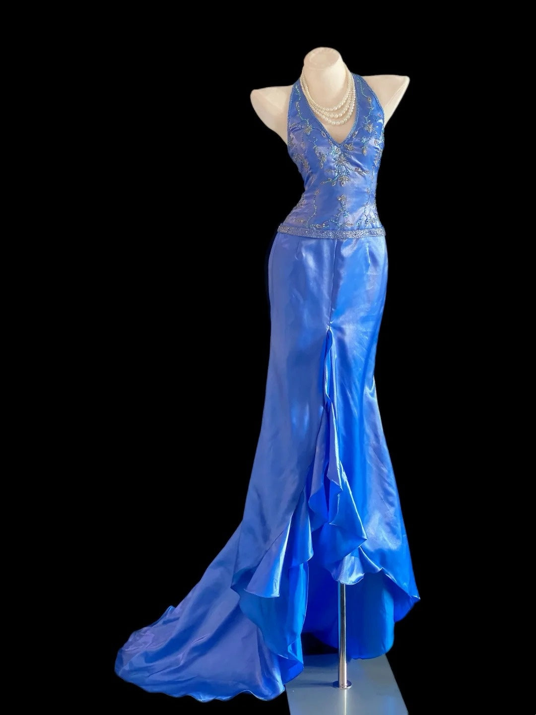 Sparkly Mermaid Halter Royal Blue High Low Long Prom Dresses Inspo Evening Outfits RB4016