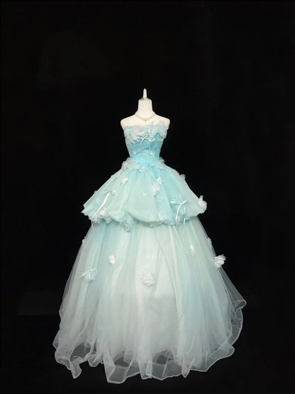 Sweet 16 Dresses Long Ball Gown Sweet Sixteen Long Birthday Dress Strapless Blue Tulle Formal Gown RC0321