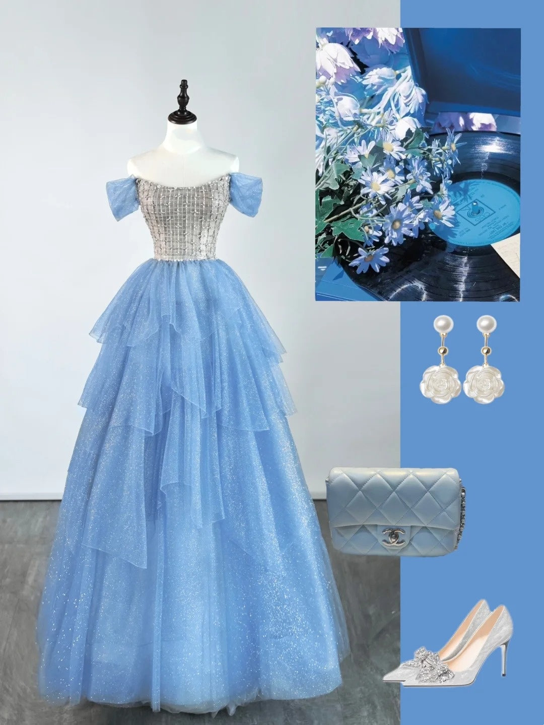 Princess Ball Gown Off The Shoulder Tulle Blue College Formal Outfit Prom Graduation Dresses For Teens N1347