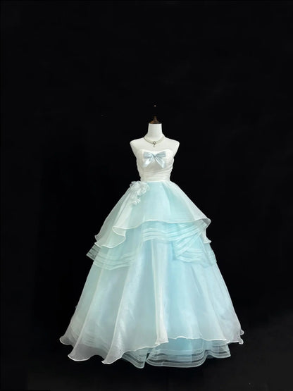Blue Prom Dress Long Floor Length Ball Gown Sweetheart With Bow-knot Tulle Formal Evening Gown For Women RC0225