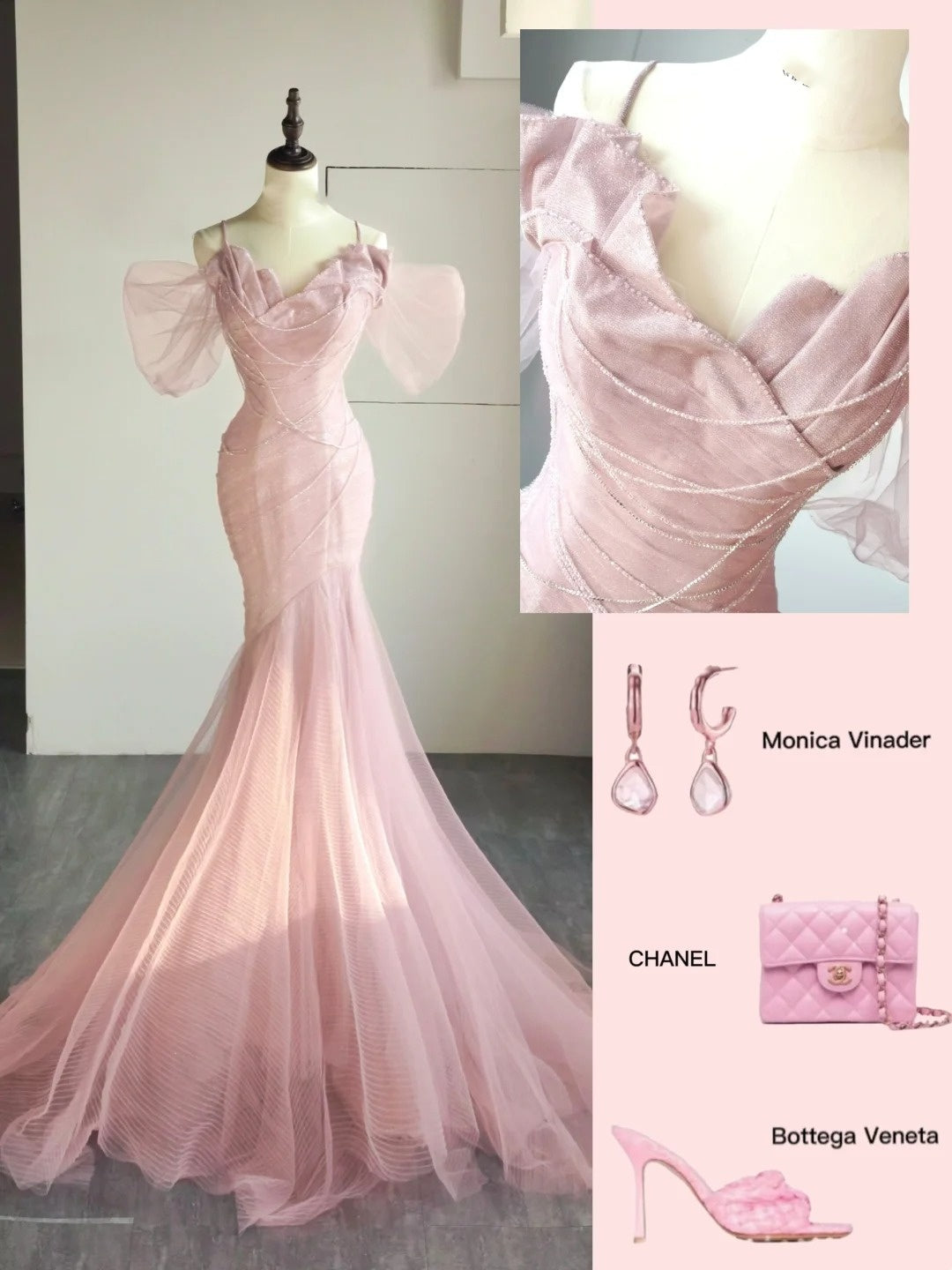 Gorgeous Mermaid Spaghetti Strap Pink Tulle Prom Dresses Sleeveless Long Formal Party Gown AB336