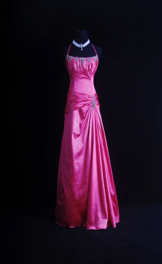 Retro A line Halter Hot Pink Satin 2000s Long Prom Dresses Inspo 19th Birthday Outfits Formal Dress N502