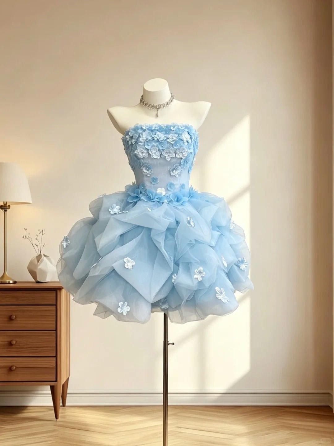 Elegant Ball Gown Strapless With 3D Flowers Sleeveless Blue Mini Senior Inspo Short Homecoming Dresses RB3067