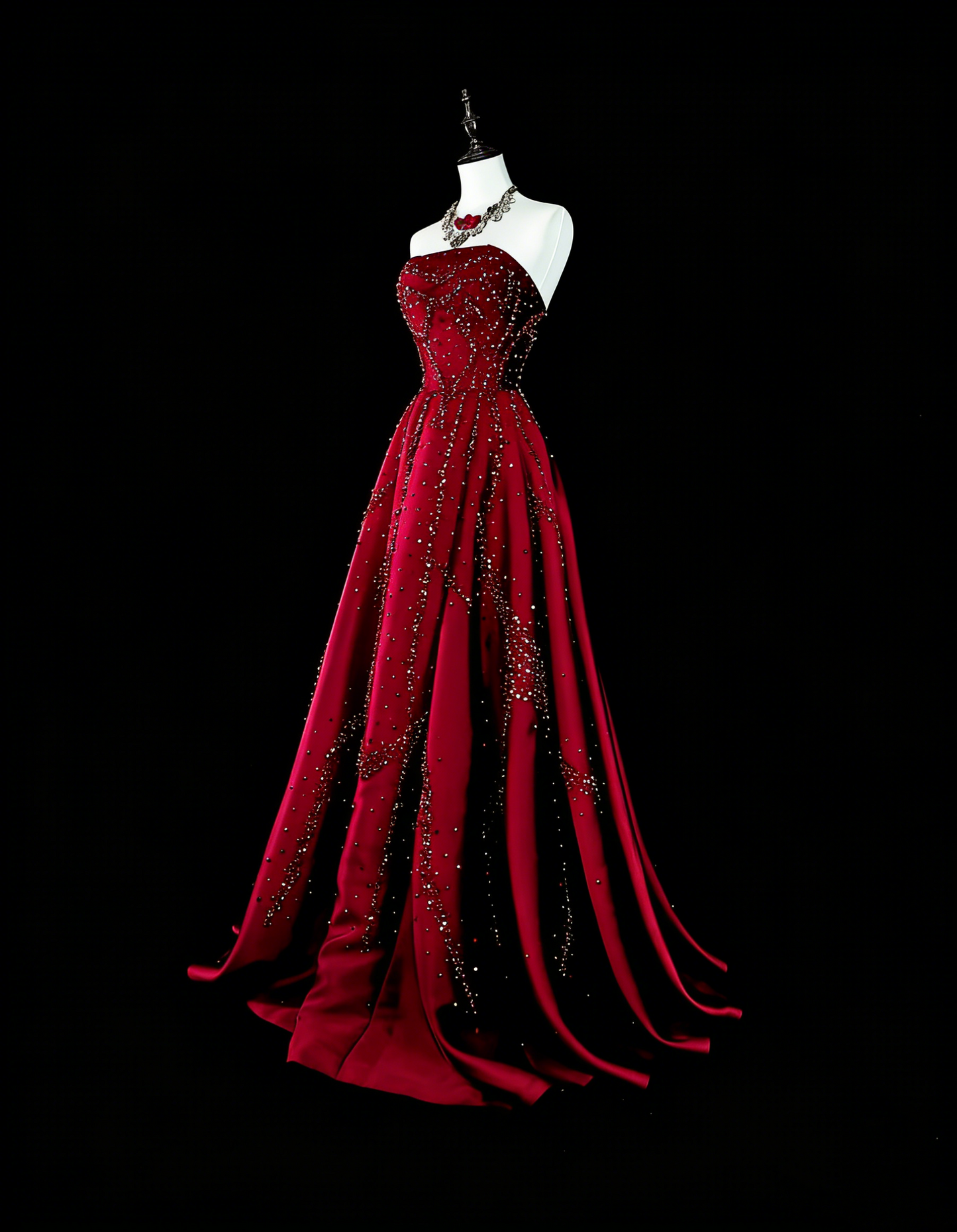 Vintage Prom Dresses A line Strapless Burgundy Tulle With Beaded Bodice Long Party Dress N2377