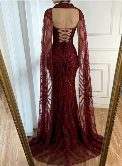 Elegant Mermaid Strapless Burgundy With Sequins Scarf Long Formal Fancy Evening Dress Dinner Outfits Classy Party Gowns AB2060