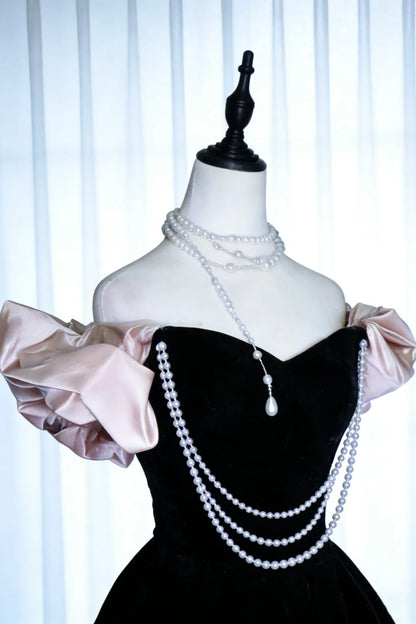 Modest Prom Dresses Ball Gown Off The Shoulder Satin Black Pink Satin With Sleeves Long Quince Dress N2964