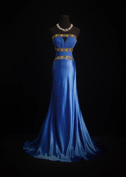 Princess Mermaid Strapless Royal Blue Satin With Beading 18th Birthday Dress Evening Prom Formal Dresses RB3269