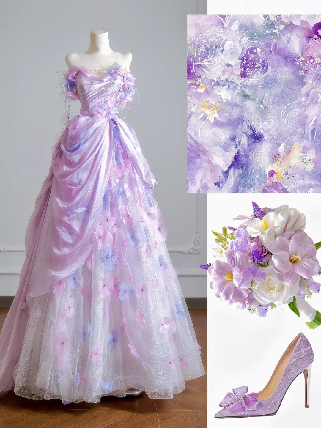 Timeless Ball Gown Strapless Lilac Floral Tulle Long Prom Dresses Inspiration Party Gowns N399