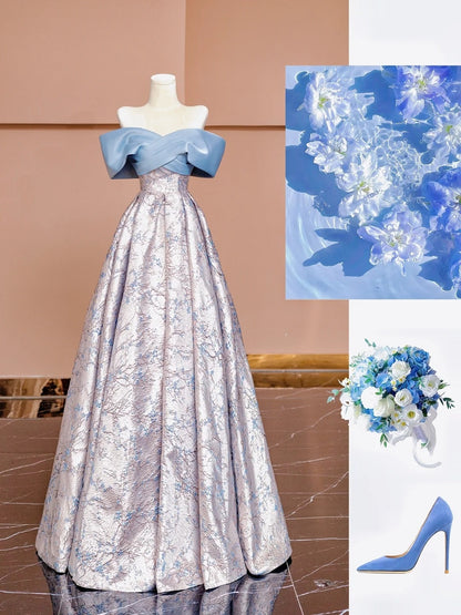 Gorgeous A line Off The Shoulder Blue With Sleeves Satin Formal Evening Dress Gowns Prom Dresses N726